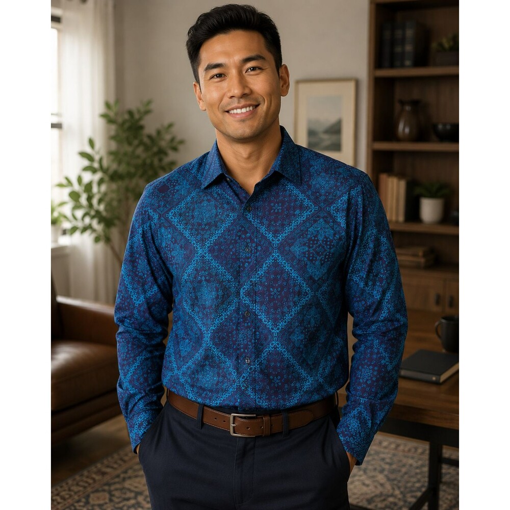 Paul Fredrick Classic Fit Paisley Medallion Shirt Men's LARGE Blue Long Sleeve